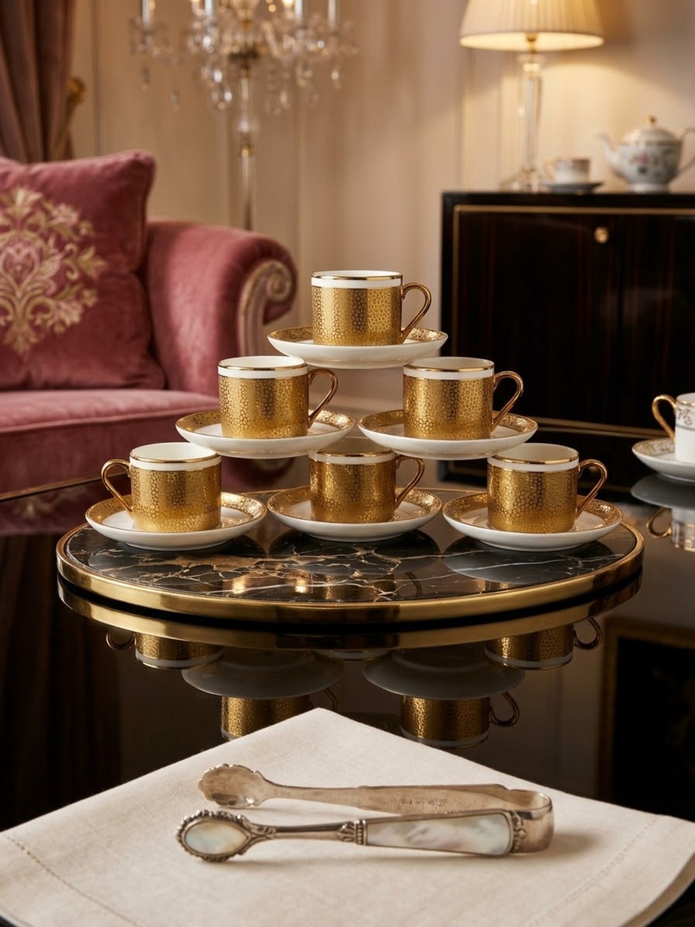 Gold Porcelain Espresso Cup and Saucer Set - 6 Cups